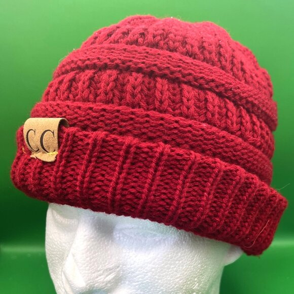 C.C. Exclusives Beanie Red Slouchy Ribbed Acrylic Knit Cuffed Fall Winter Hat - Picture 1 of 8